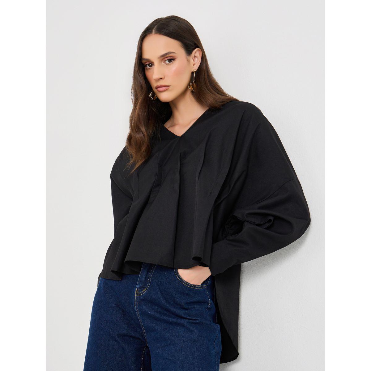 Styli Women Black Front Box Pleat Drop Hem Shirt-women-clothing-shirtsandblouses-shirts-image-1