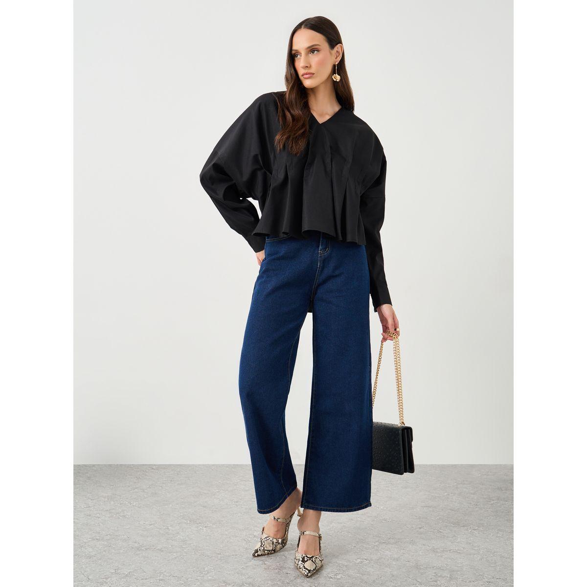 Styli Women Black Front Box Pleat Drop Hem Shirt-women-clothing-shirtsandblouses-shirts-image-2