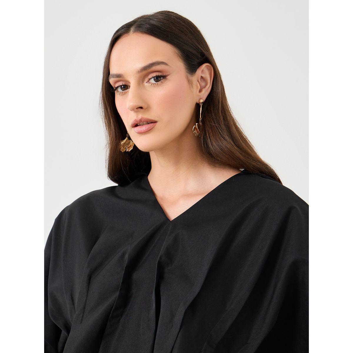 Styli Women Black Front Box Pleat Drop Hem Shirt-women-clothing-shirtsandblouses-shirts-image-3