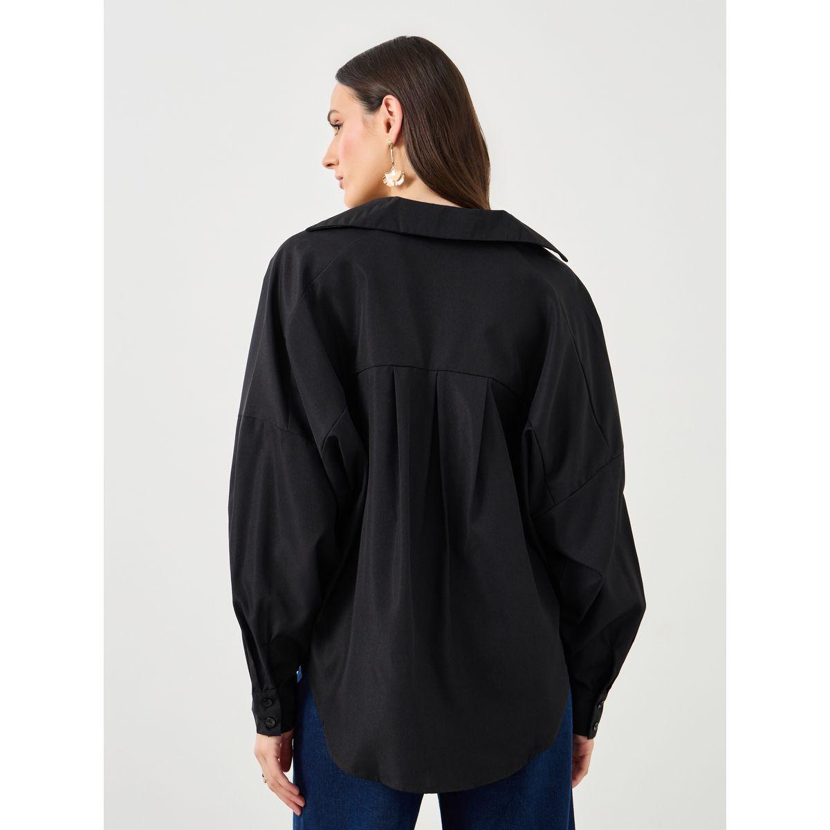 Styli Women Black Front Box Pleat Drop Hem Shirt-women-clothing-shirtsandblouses-shirts-image-4