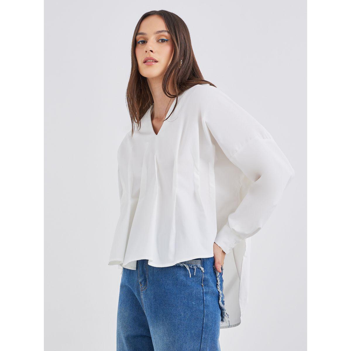 Styli Women White Front Box Pleat Drop Hem Shirt-women-clothing-shirtsandblouses-shirts-image-3