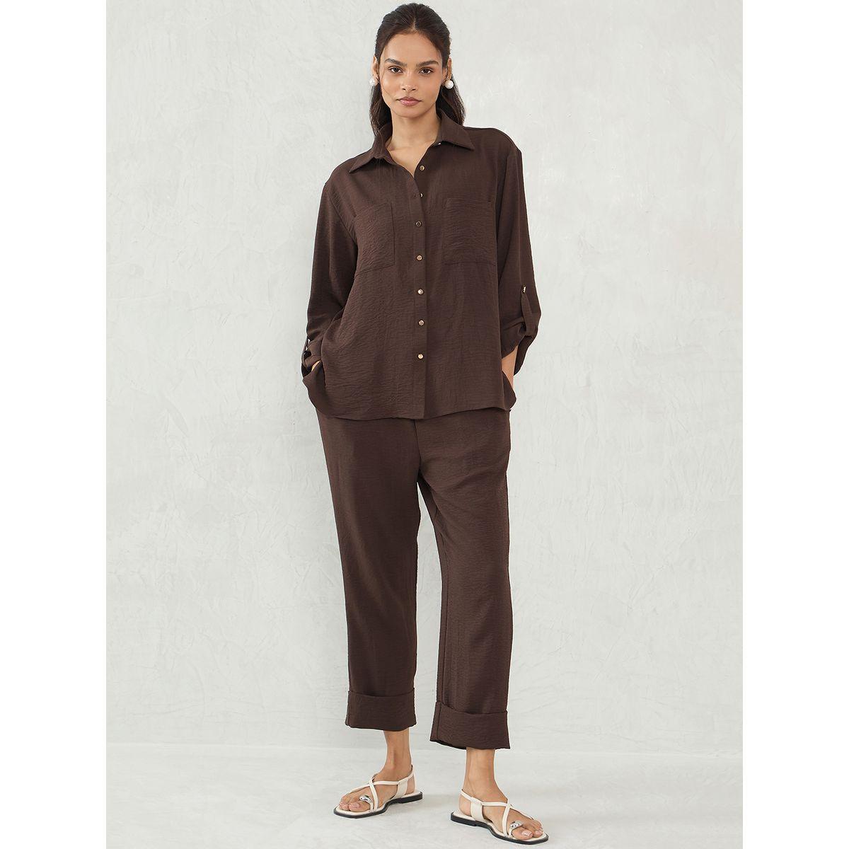 Femmella Brown Dual Pocket Shirt and Capri Co-Ords-women-clothing-coordsets-image-1