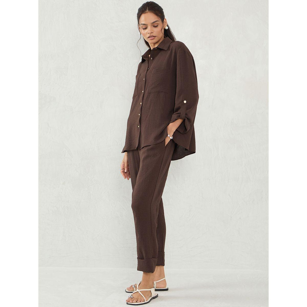 Femmella Brown Dual Pocket Shirt and Capri Co-Ords-women-clothing-coordsets-image-3
