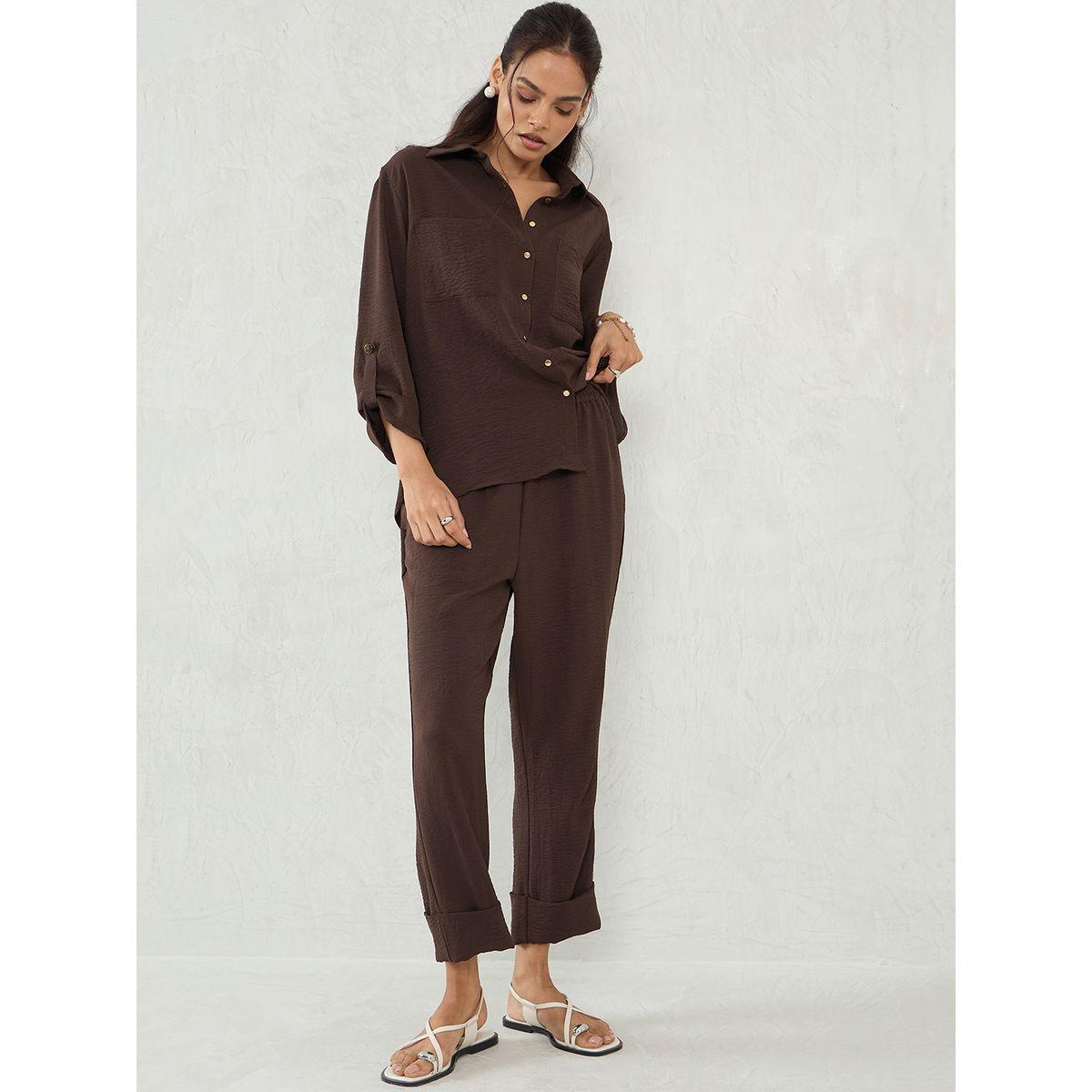 Femmella Brown Dual Pocket Shirt and Capri Co-Ords-women-clothing-coordsets-image-7