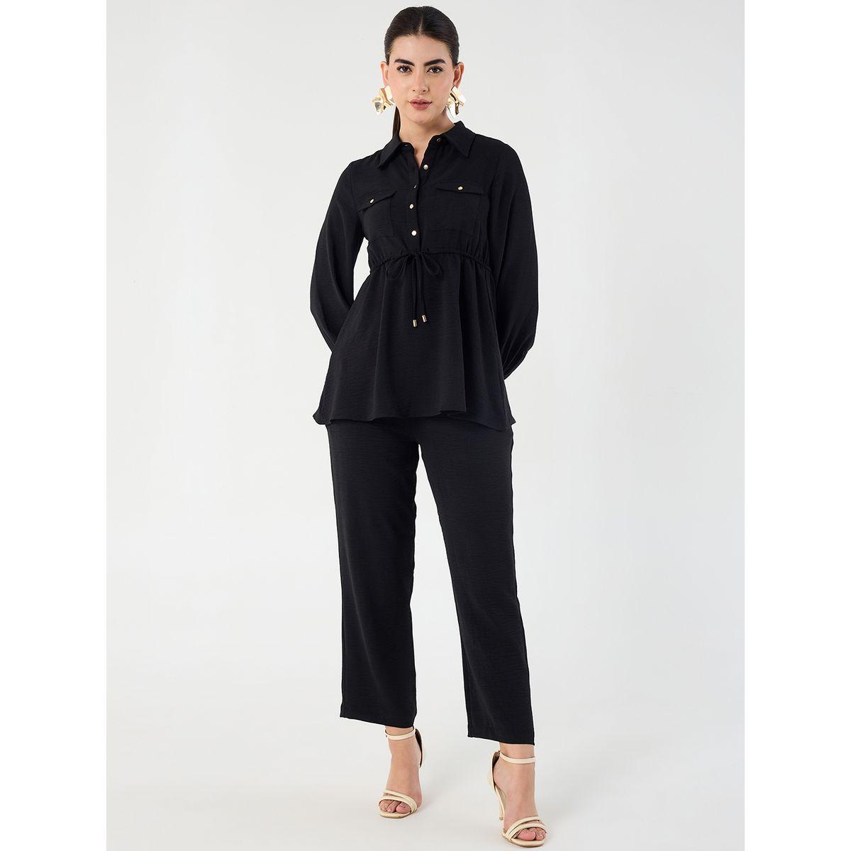 طقم منسق من بنطال وبلوزة بتفاصيل ربطة خصر-women-clothing-coordsets-image-1