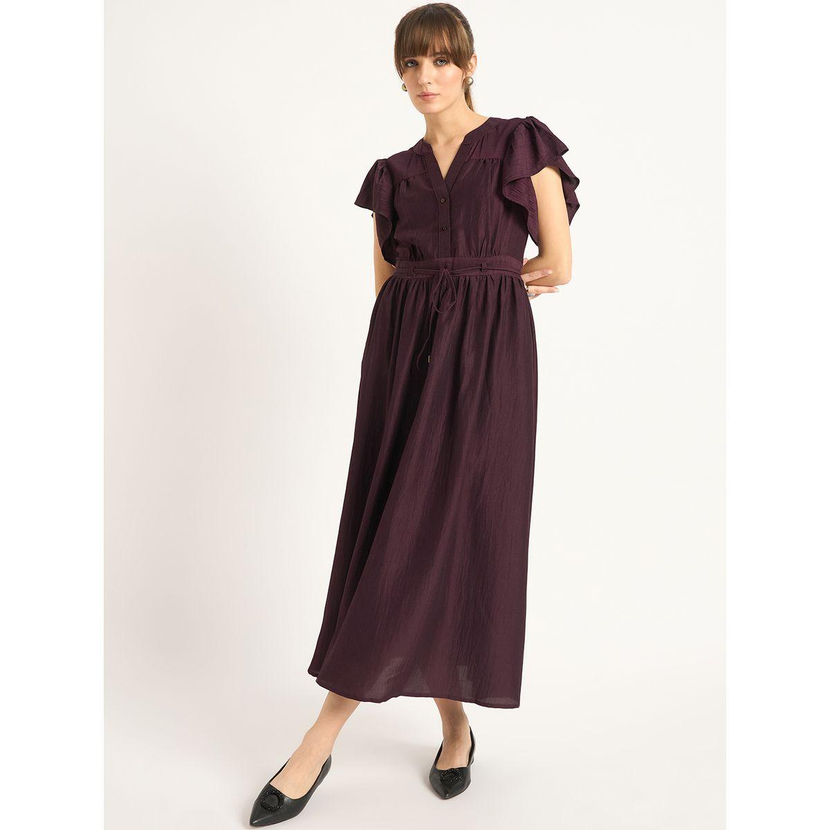 فستان طويل سادة بأكمام كشكش مع تفاصيل حزام خصر-women-clothing-dresses-image-1