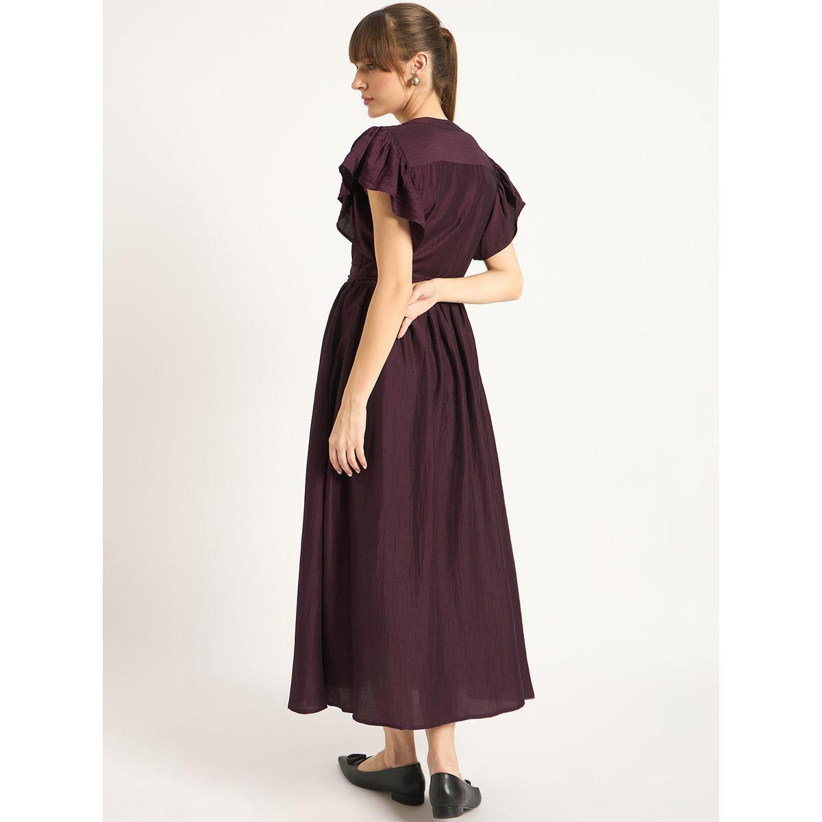 فستان طويل سادة بأكمام كشكش مع تفاصيل حزام خصر-women-clothing-dresses-image-2