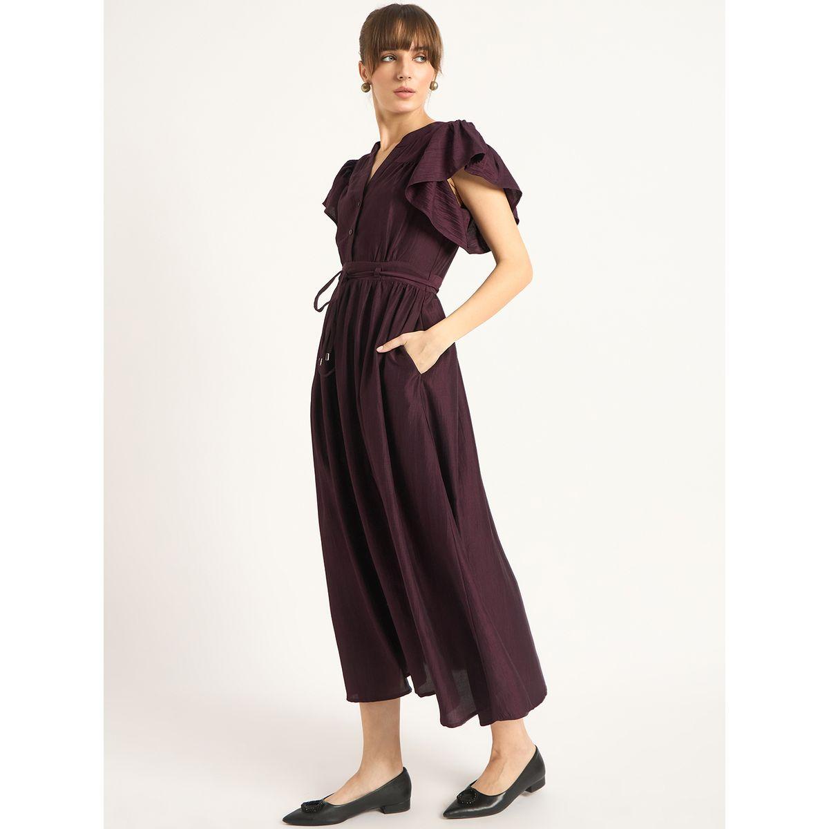 فستان طويل سادة بأكمام كشكش مع تفاصيل حزام خصر-women-clothing-dresses-image-3