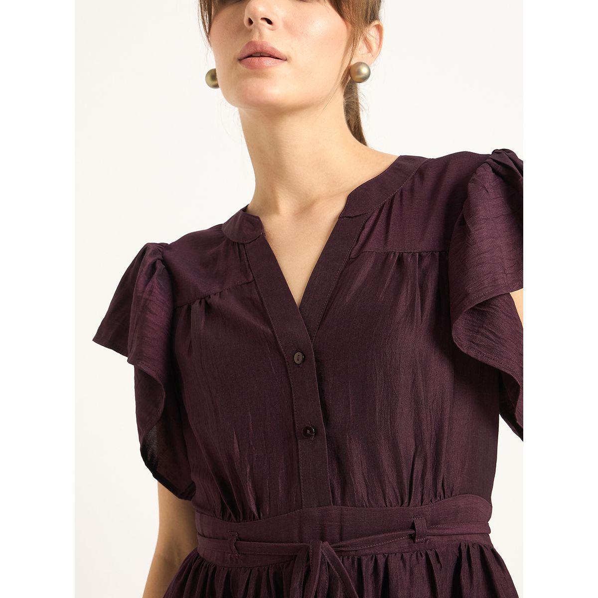 فستان طويل سادة بأكمام كشكش مع تفاصيل حزام خصر-women-clothing-dresses-image-4