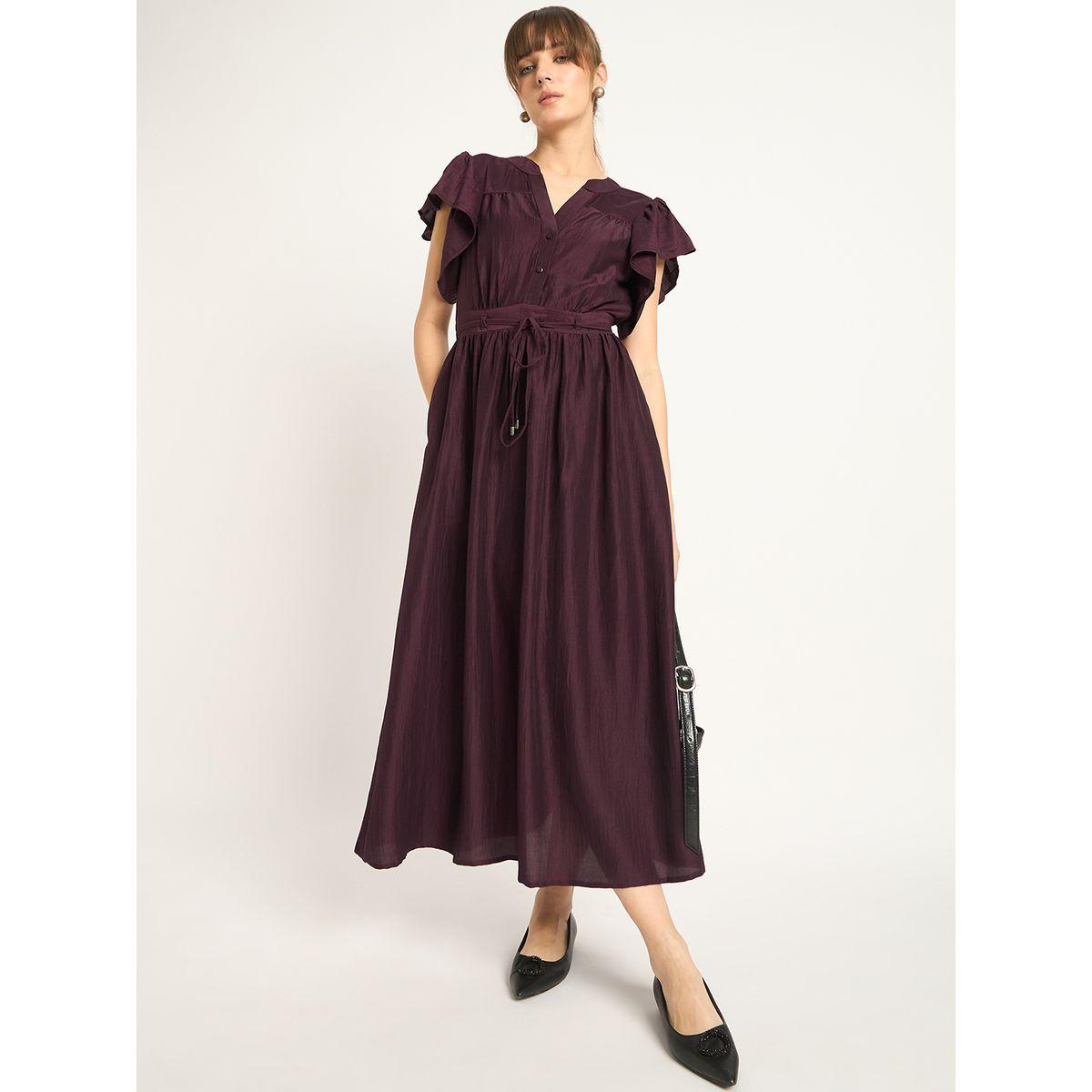 فستان طويل سادة بأكمام كشكش مع تفاصيل حزام خصر-women-clothing-dresses-image-6