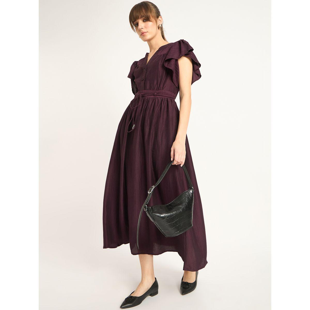 فستان طويل سادة بأكمام كشكش مع تفاصيل حزام خصر-women-clothing-dresses-image-7