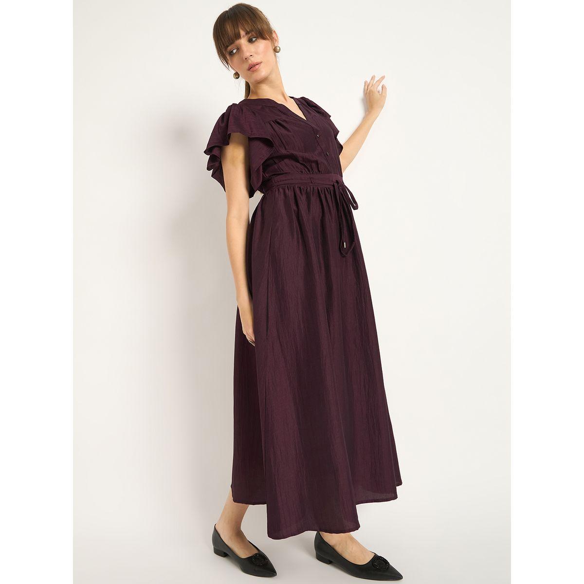 فستان طويل سادة بأكمام كشكش مع تفاصيل حزام خصر-women-clothing-dresses-image-8