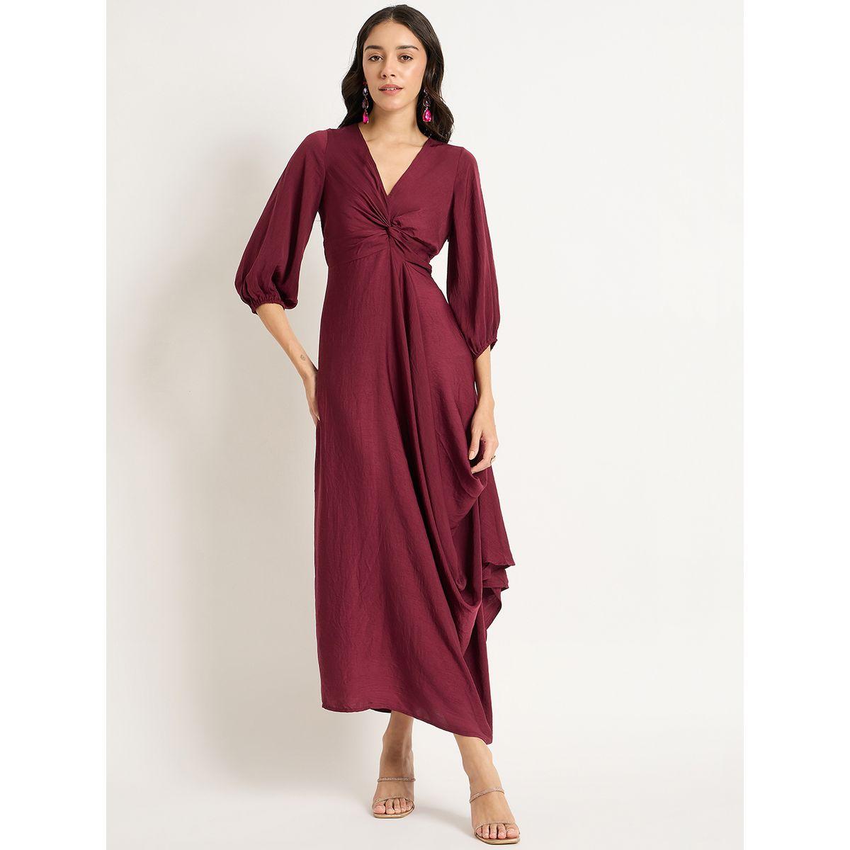 Femmella Burgundy Satin Front Twisted Maxi Dress-women-clothing-dresses-image-1