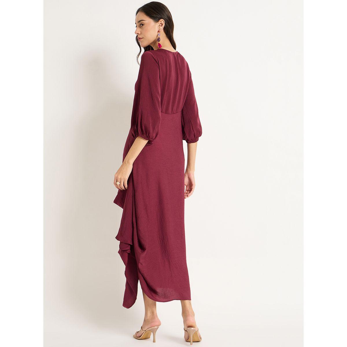 Femmella Burgundy Satin Front Twisted Maxi Dress-women-clothing-dresses-image-2