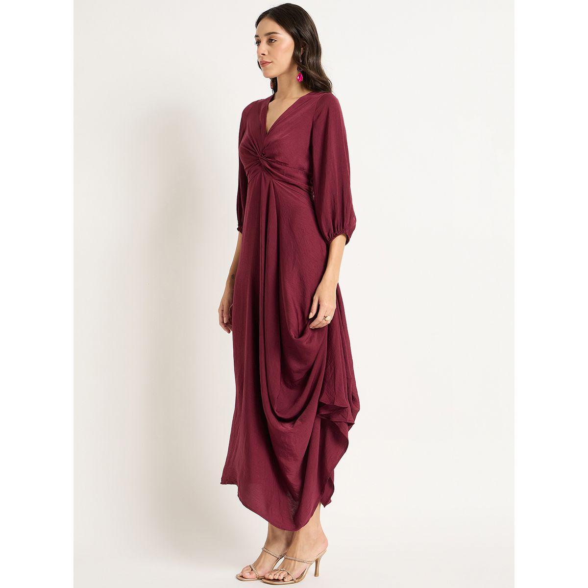 Femmella Burgundy Satin Front Twisted Maxi Dress-women-clothing-dresses-image-3