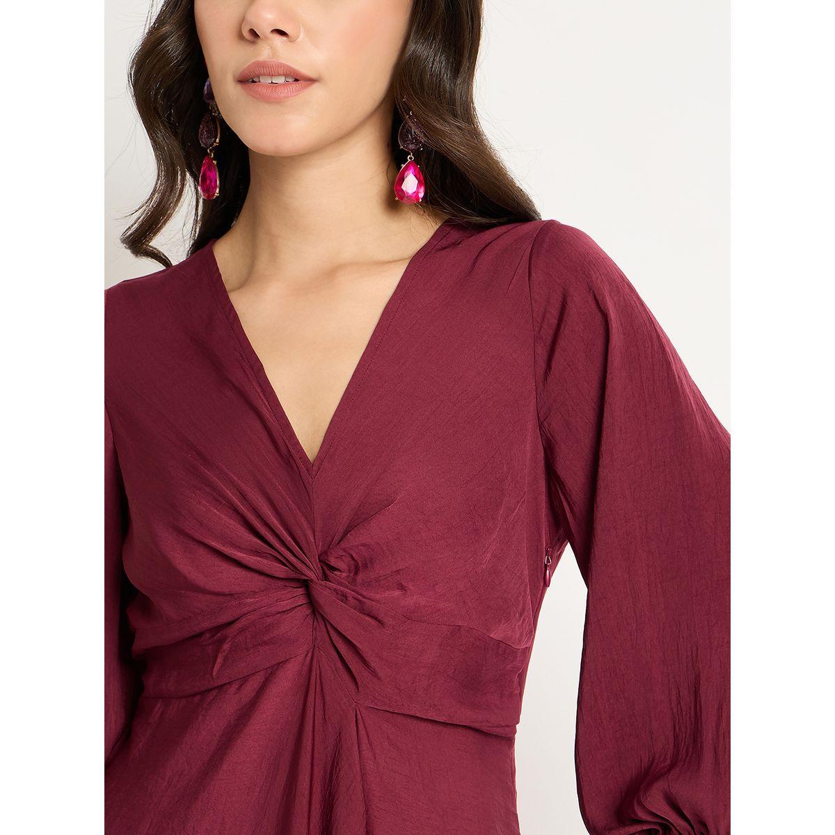 Femmella Burgundy Satin Front Twisted Maxi Dress-women-clothing-dresses-image-5
