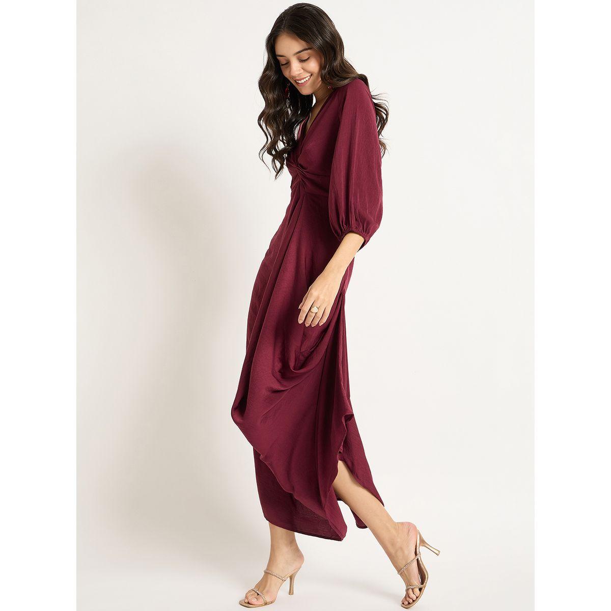 Femmella Burgundy Satin Front Twisted Maxi Dress-women-clothing-dresses-image-6