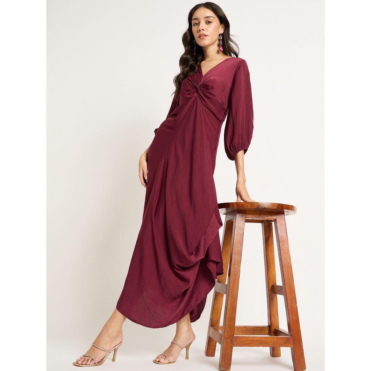 Femmella Burgundy Satin Front Twisted Maxi Dress-women-clothing-dresses-image-7