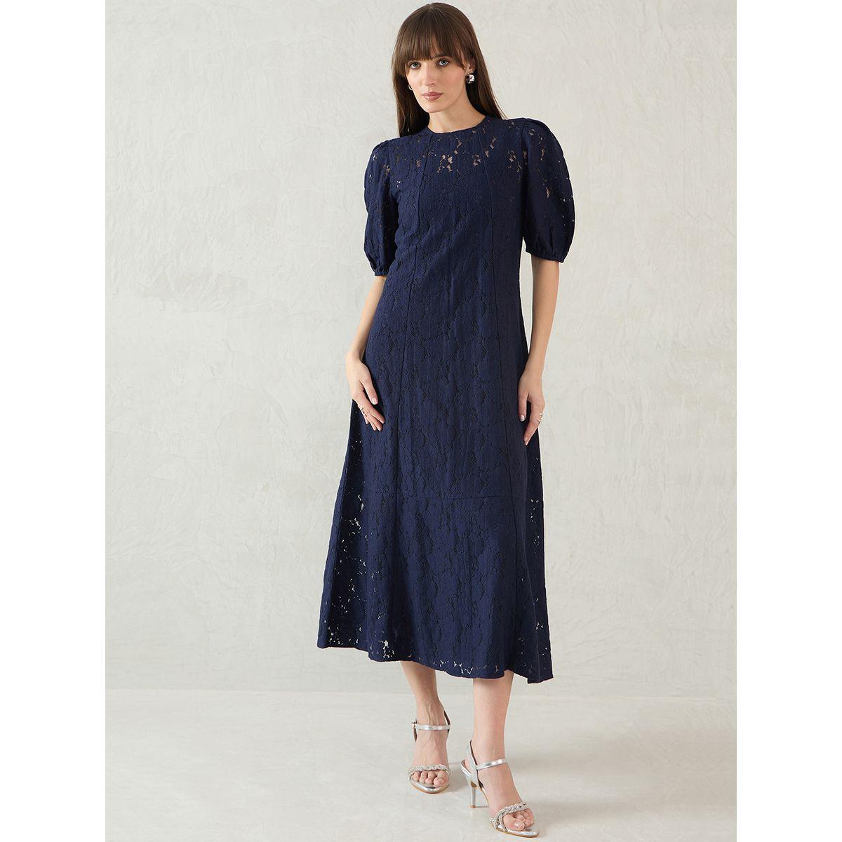 Femmella Navy Blue Solid Lace Puff Sleeves A-Line Maxi Dress-women-clothing-dresses-image-1