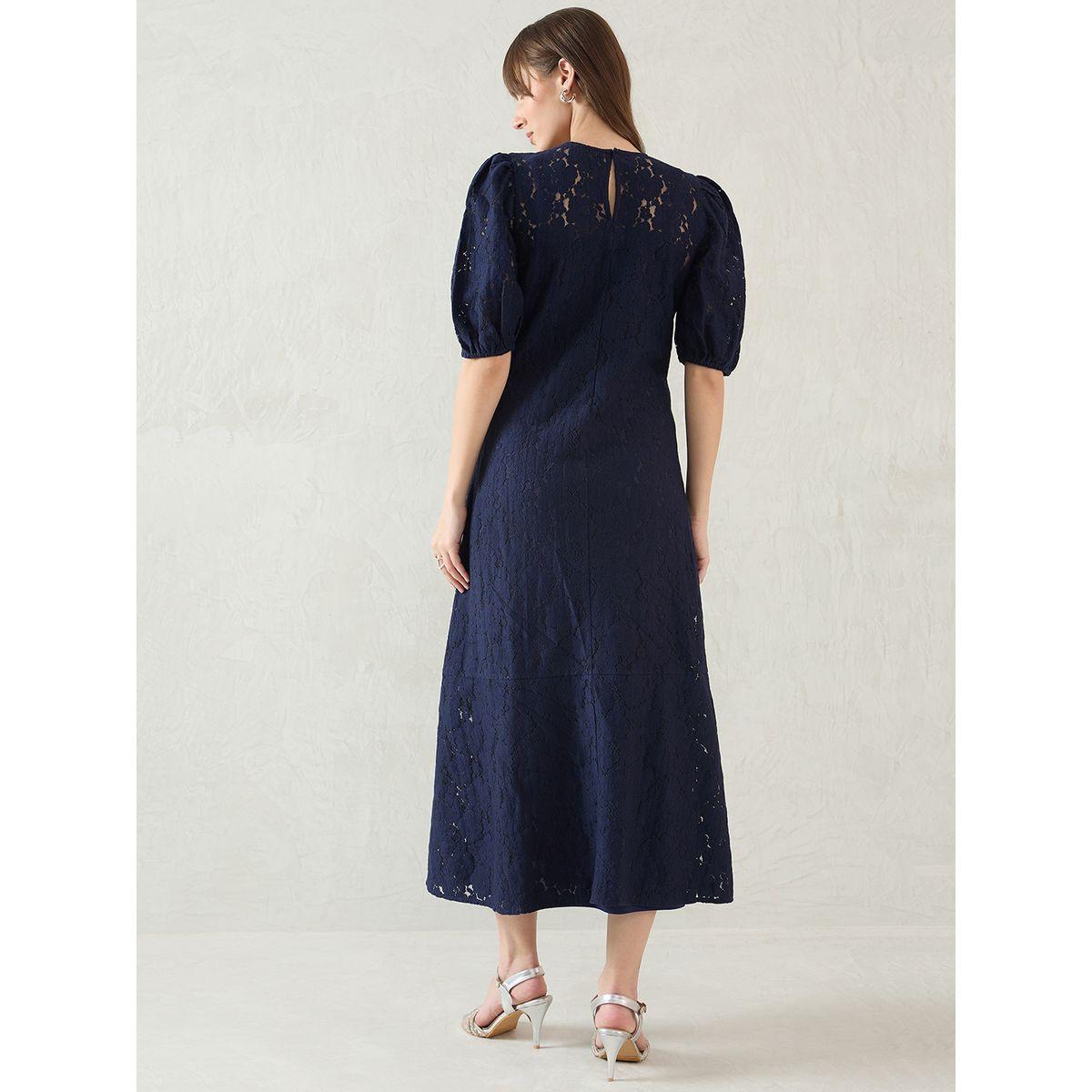 Femmella Navy Blue Solid Lace Puff Sleeves A-Line Maxi Dress-women-clothing-dresses-image-2