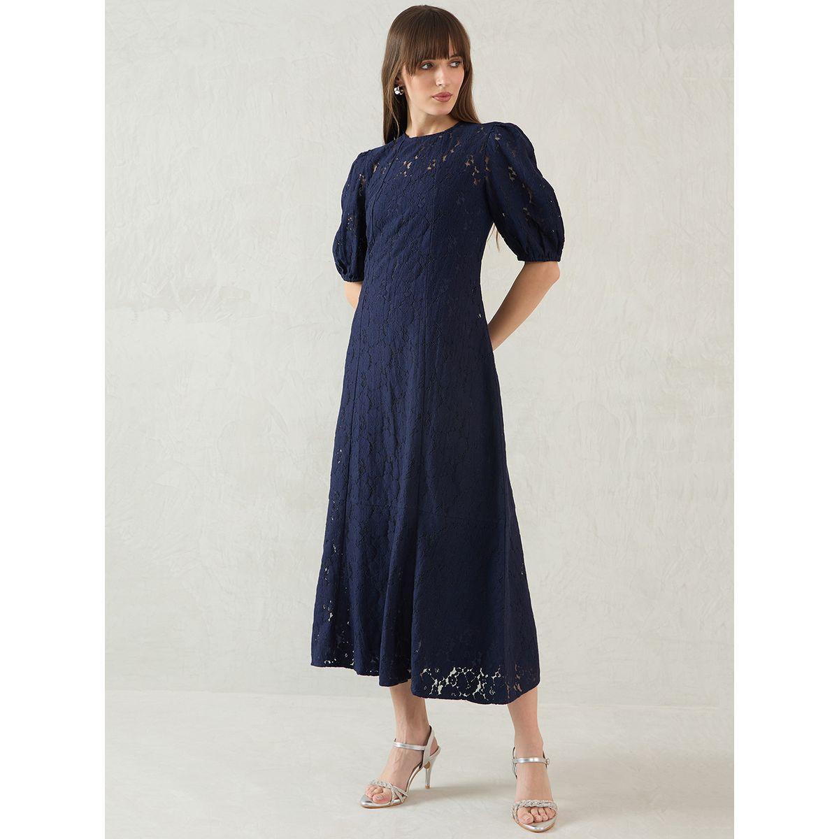 Femmella Navy Blue Solid Lace Puff Sleeves A-Line Maxi Dress-women-clothing-dresses-image-4