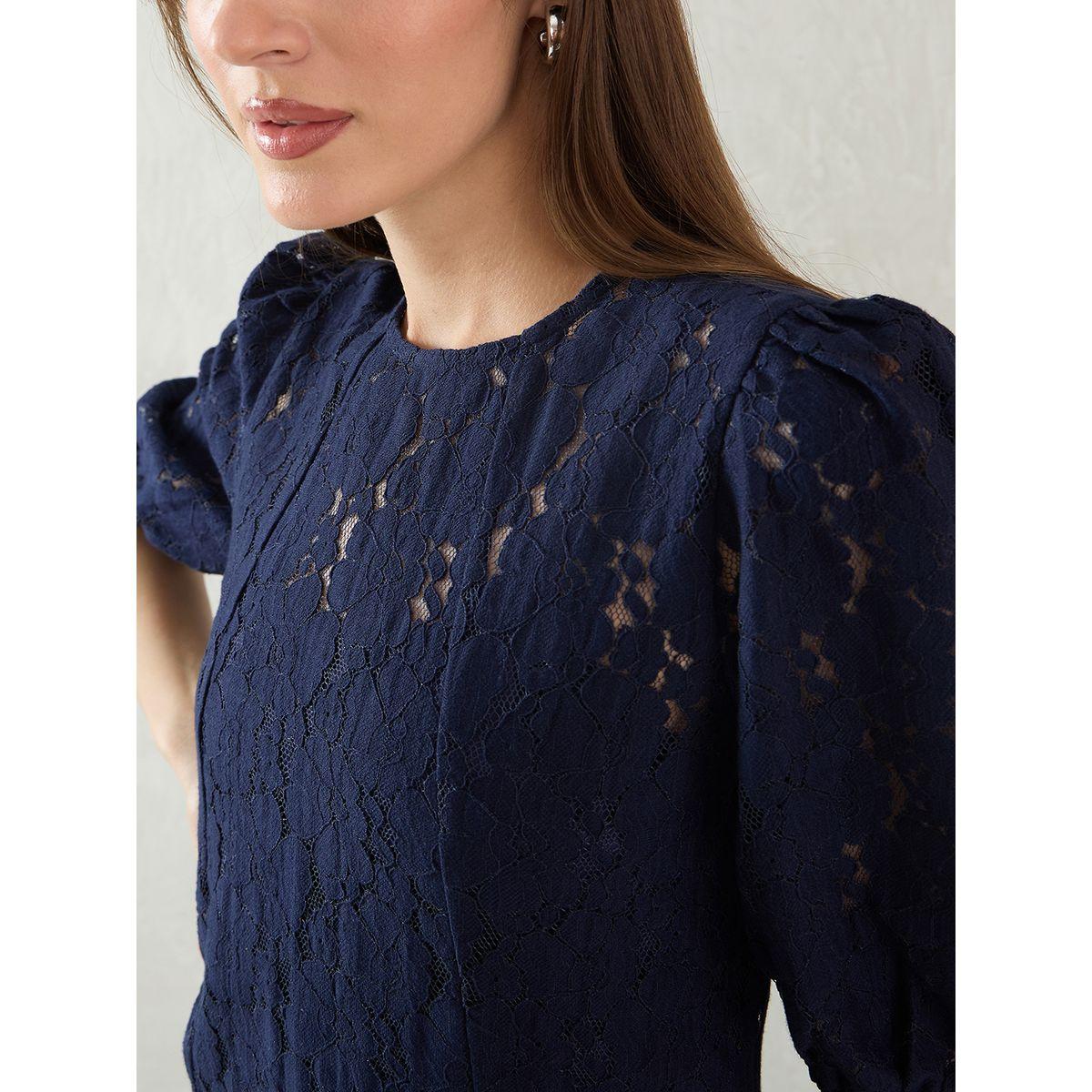 Femmella Navy Blue Solid Lace Puff Sleeves A-Line Maxi Dress-women-clothing-dresses-image-5