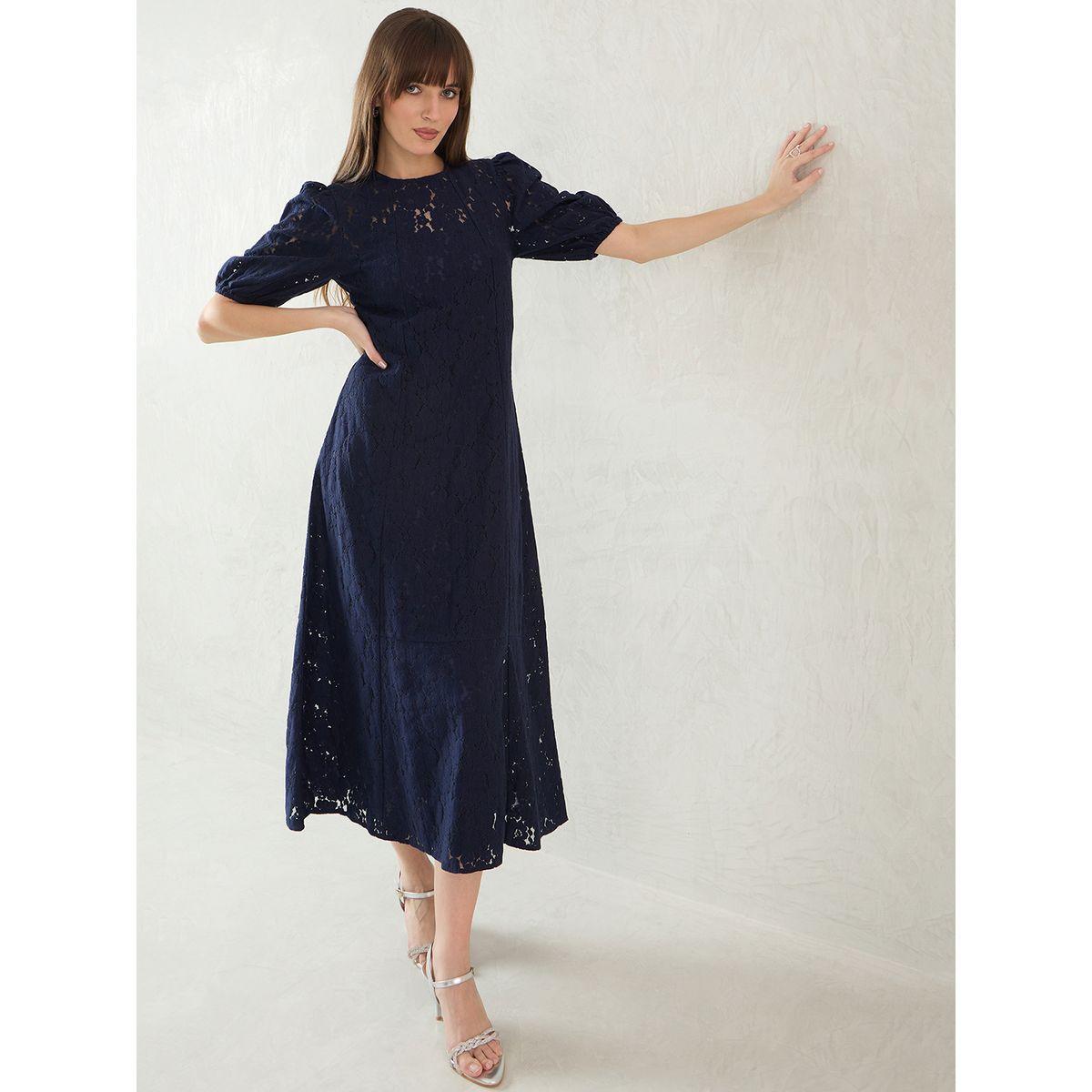 Femmella Navy Blue Solid Lace Puff Sleeves A-Line Maxi Dress-women-clothing-dresses-image-6