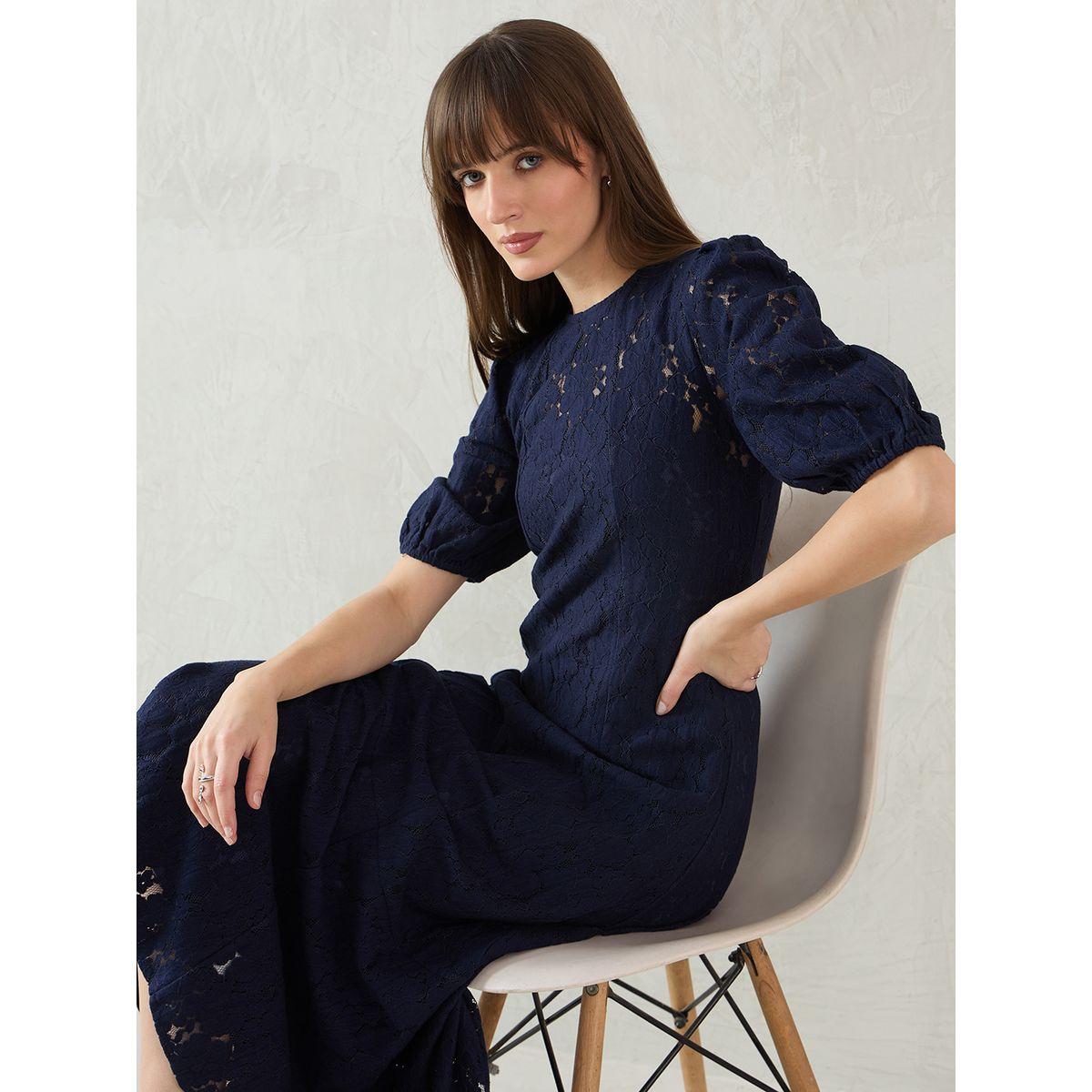Femmella Navy Blue Solid Lace Puff Sleeves A-Line Maxi Dress-women-clothing-dresses-image-7