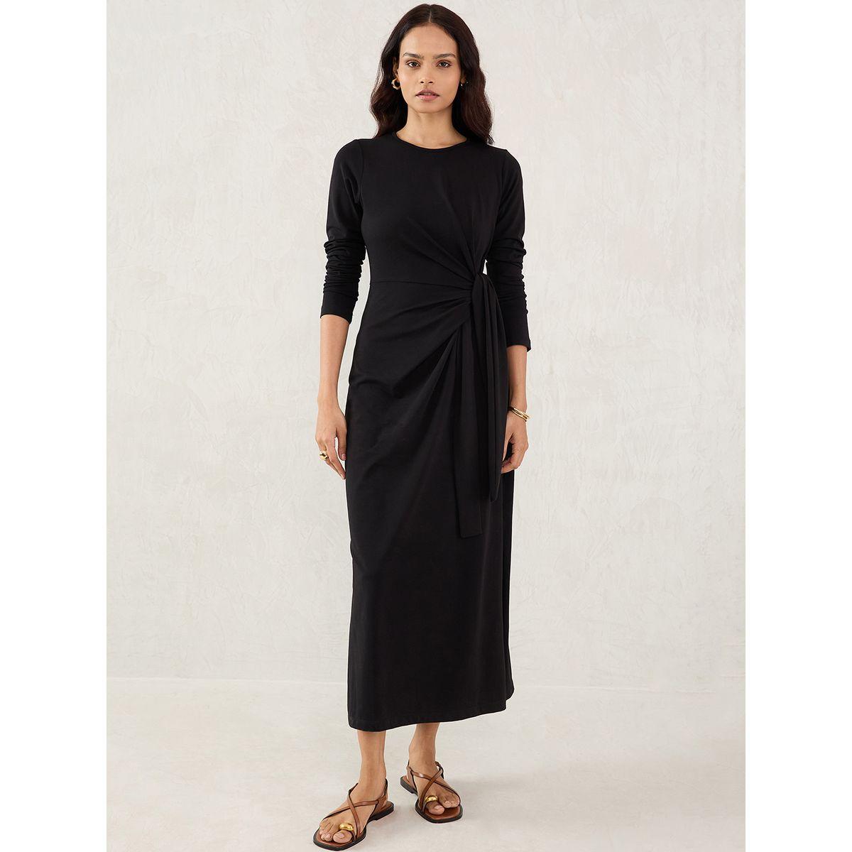 فستان طويل سادة بتفاصيل عُقدة-women-clothing-dresses-image-1