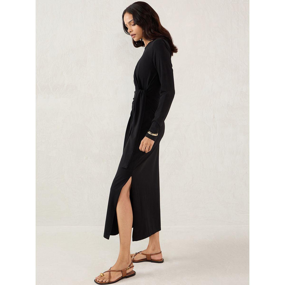 فستان طويل سادة بتفاصيل عُقدة-women-clothing-dresses-image-3