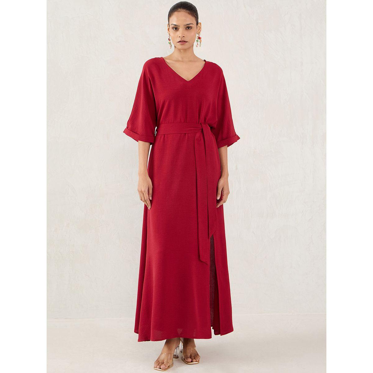 Femmella Maroon Solid V Neck A-Line Maxi Dress with Side Slit-women-clothing-dresses-image-1