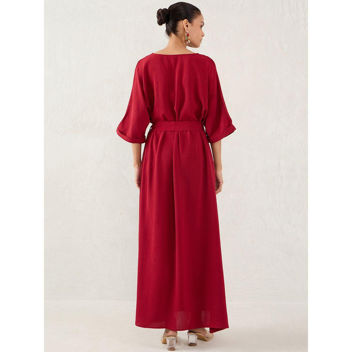 Femmella Maroon Solid V Neck A-Line Maxi Dress with Side Slit-women-clothing-dresses-image-2
