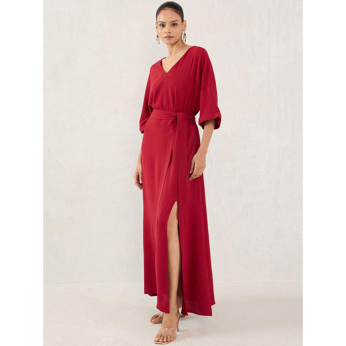 Femmella Maroon Solid V Neck A-Line Maxi Dress with Side Slit-women-clothing-dresses-image-3