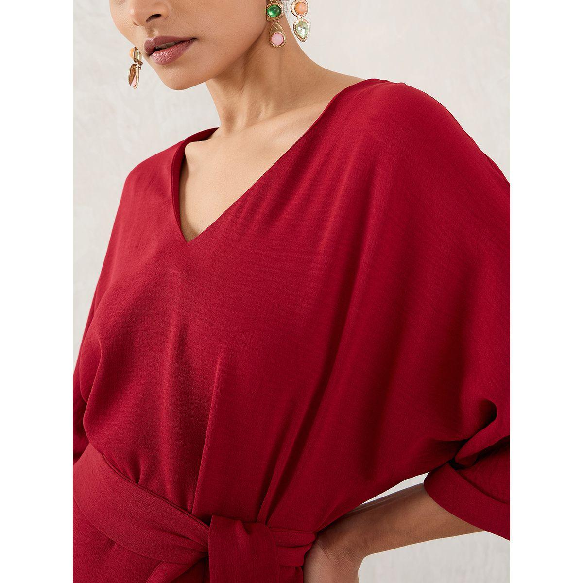 Femmella Maroon Solid V Neck A-Line Maxi Dress with Side Slit-women-clothing-dresses-image-4