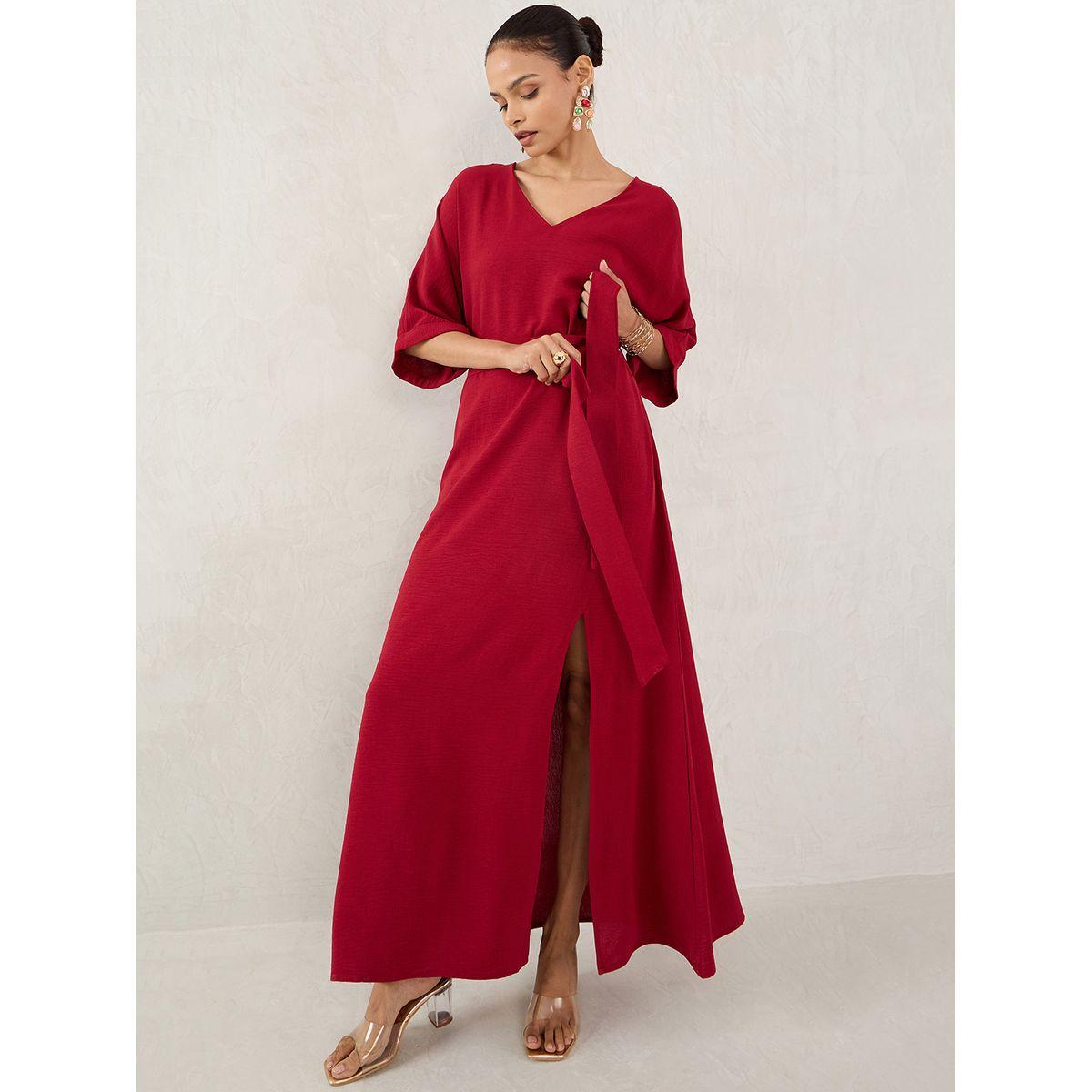 فستان طويل سادة بتفاصيل شق جانبي-women-clothing-dresses-image-5