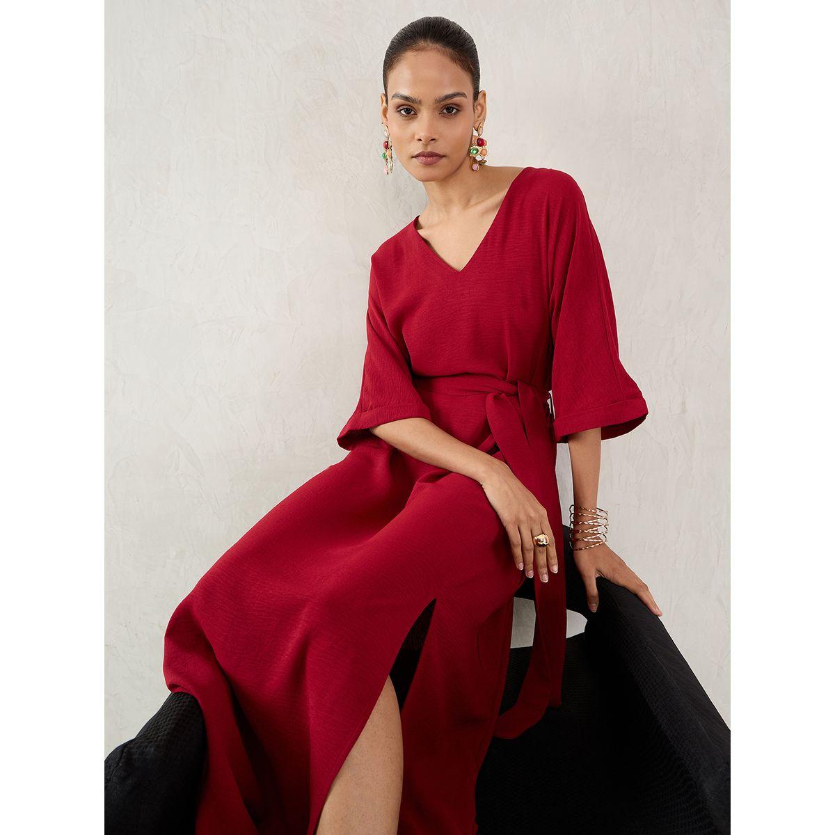 Femmella Maroon Solid V Neck A-Line Maxi Dress with Side Slit-women-clothing-dresses-image-6