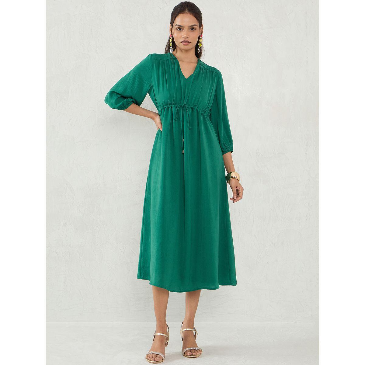 Femmella Green Solid Drawstring Waist A-Line Midi Dress-women-clothing-dresses-image-1