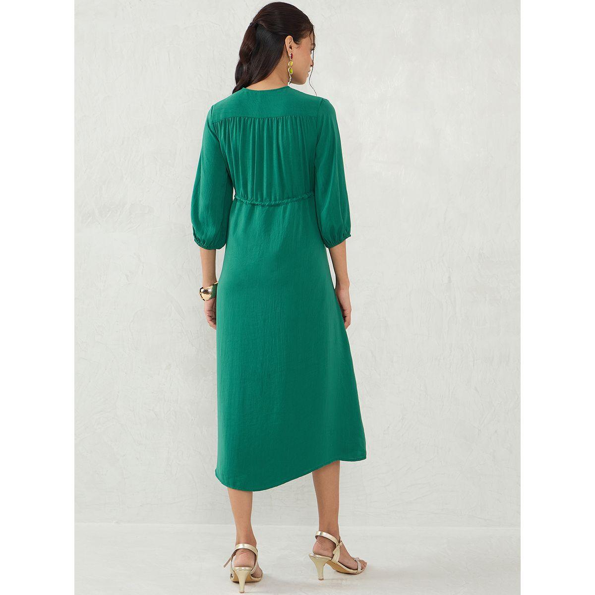 Femmella Green Solid Drawstring Waist A-Line Midi Dress-women-clothing-dresses-image-2
