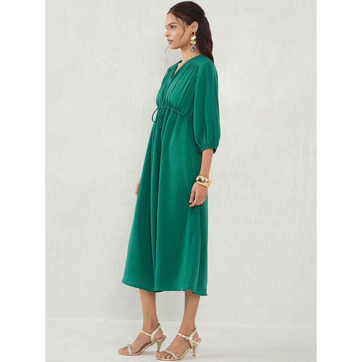 Femmella Green Solid Drawstring Waist A-Line Midi Dress-women-clothing-dresses-image-3