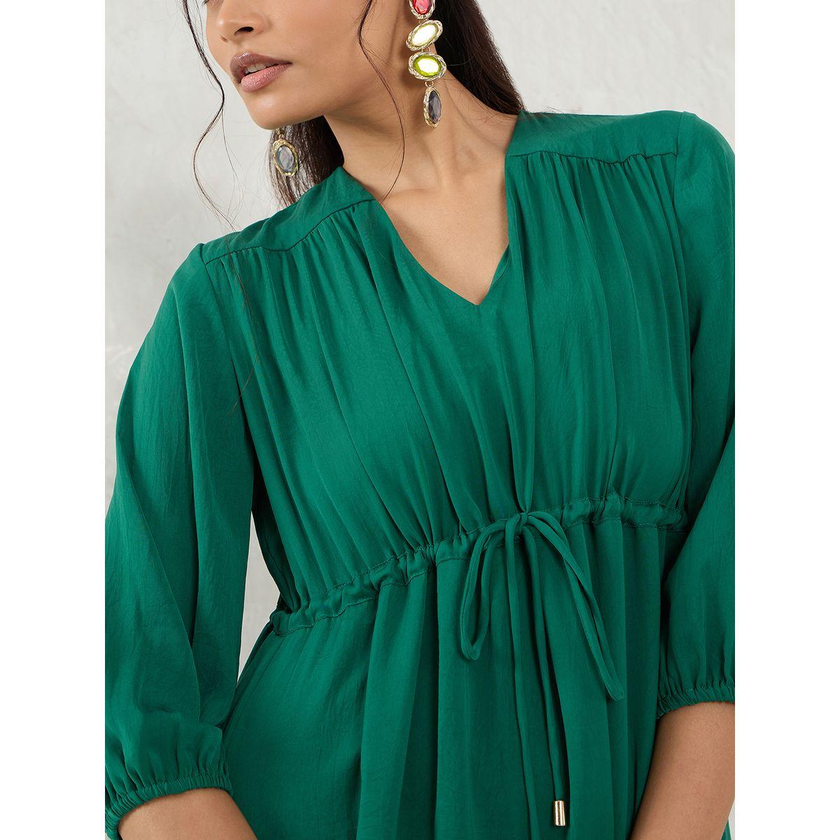 Femmella Green Solid Drawstring Waist A-Line Midi Dress-women-clothing-dresses-image-4