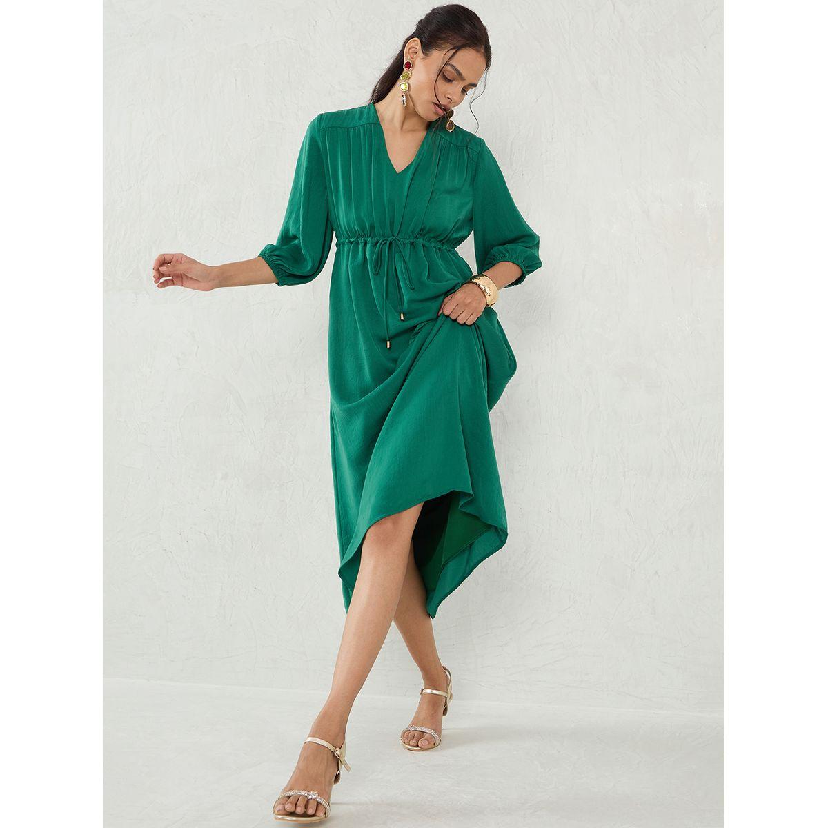 Femmella Green Solid Drawstring Waist A-Line Midi Dress-women-clothing-dresses-image-5