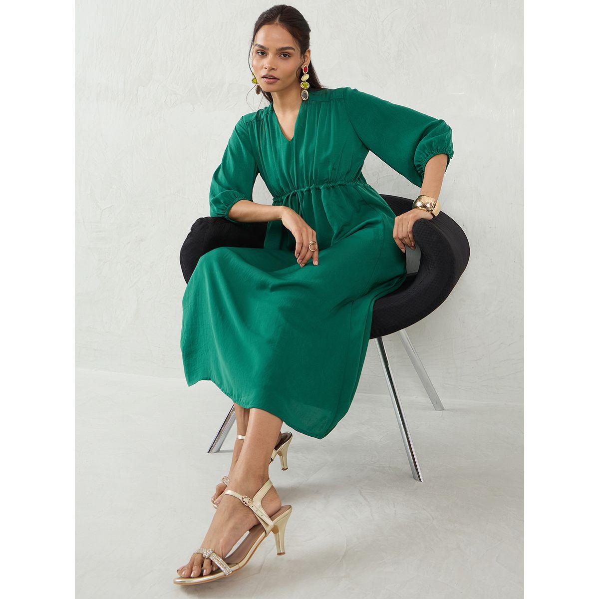 Femmella Green Solid Drawstring Waist A-Line Midi Dress-women-clothing-dresses-image-6