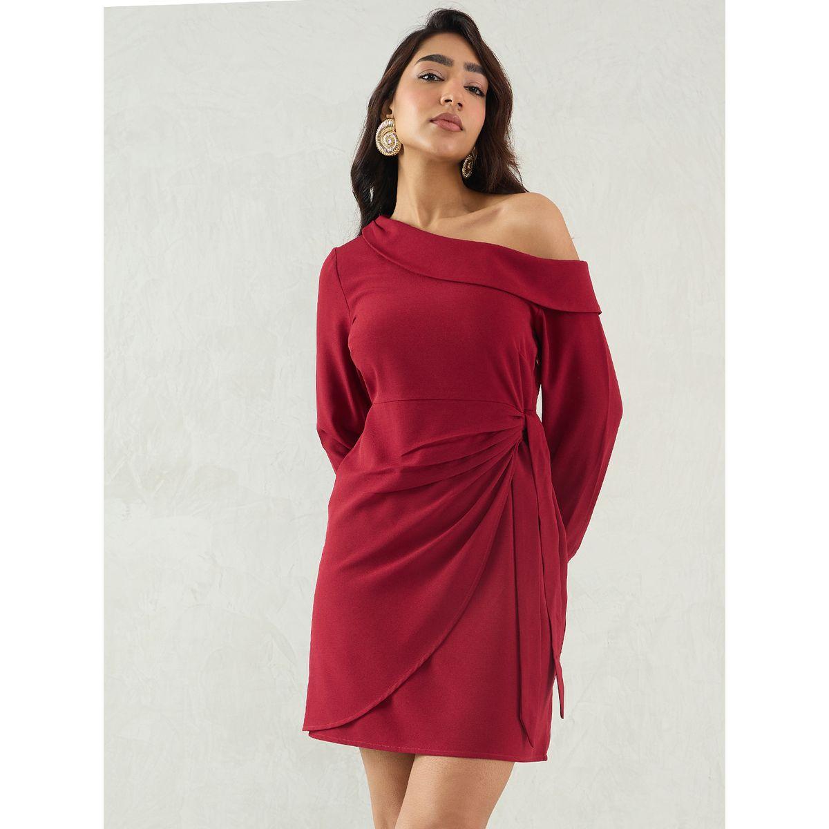 فستان قصير سادة بكتف واحد ونمط لف-women-clothing-dresses-image-1