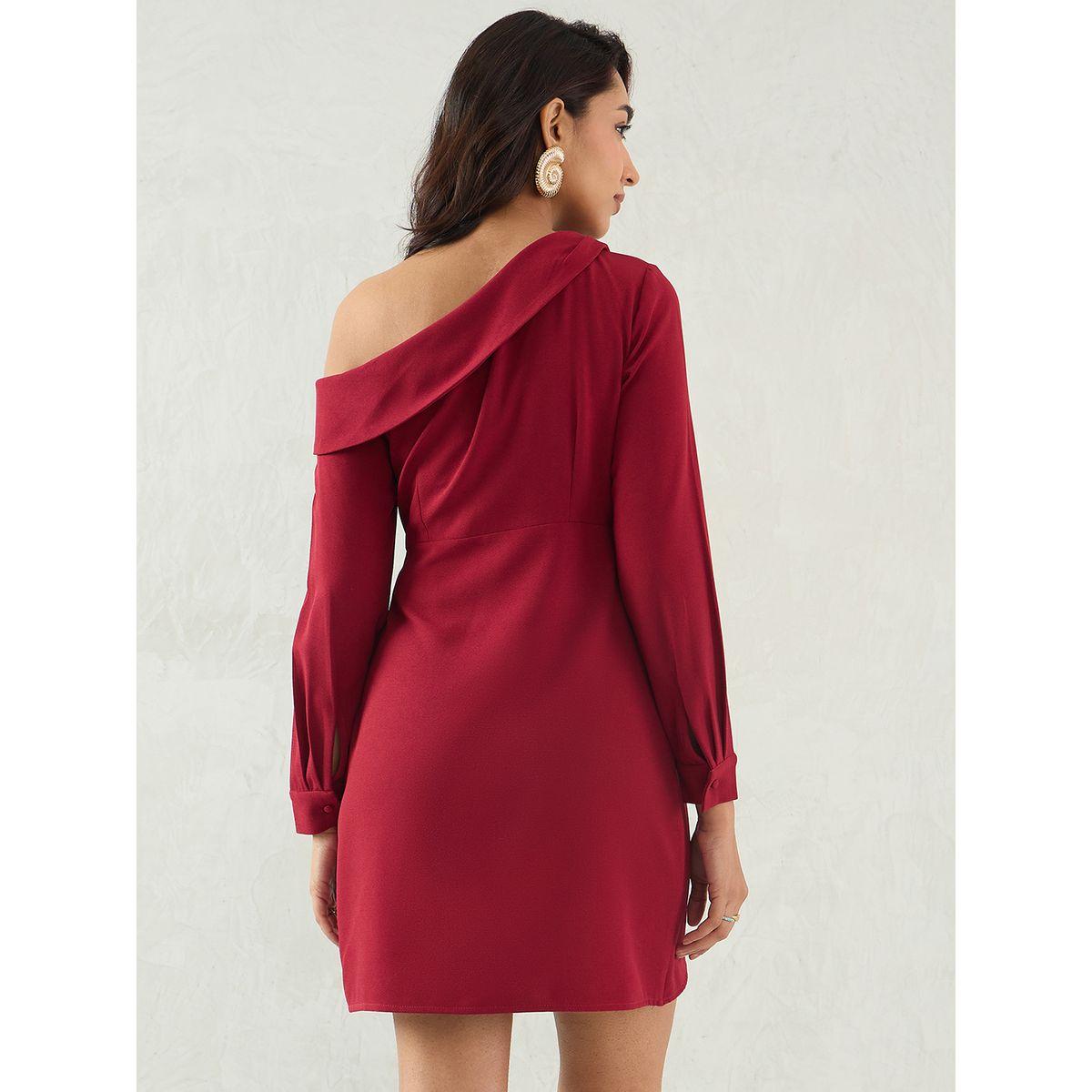 Femmella Maroon Solid One Shoulder Wrap Look A-Line Mini Dress-women-clothing-dresses-image-2