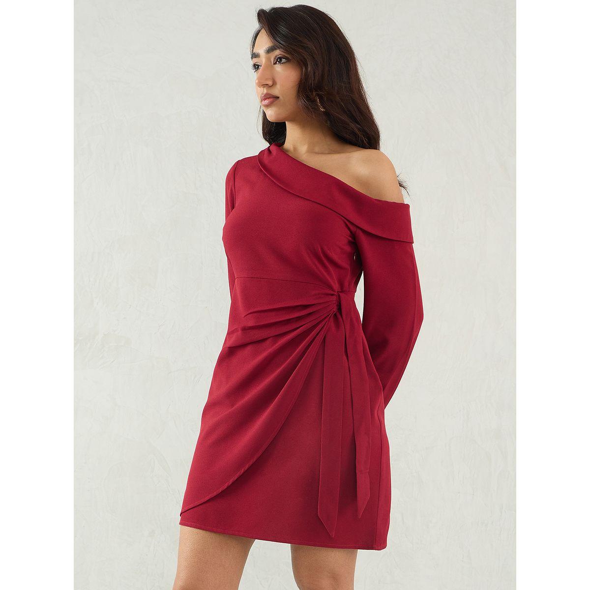 Femmella Maroon Solid One Shoulder Wrap Look A-Line Mini Dress-women-clothing-dresses-image-3