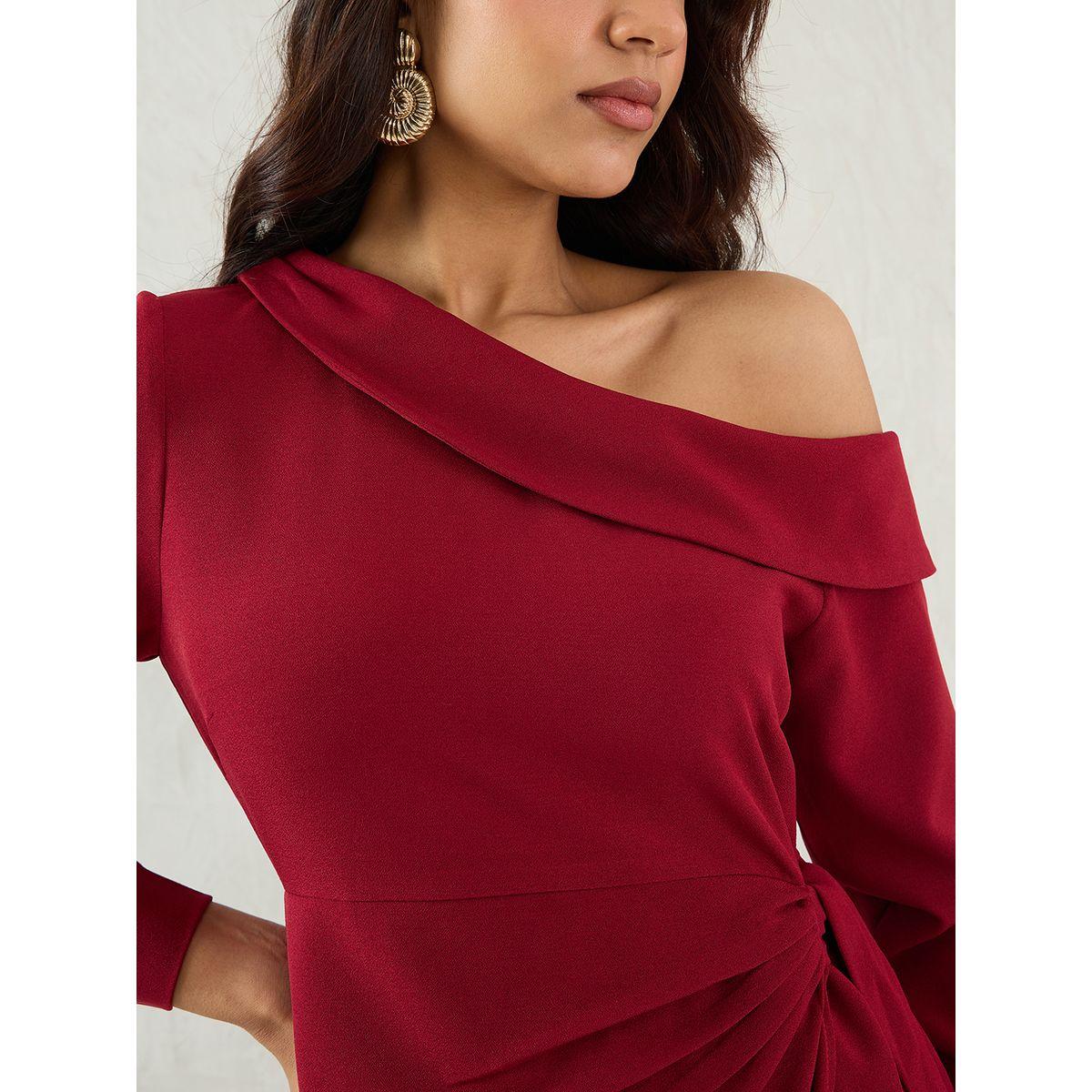 فستان قصير سادة بكتف واحد ونمط لف-women-clothing-dresses-image-4