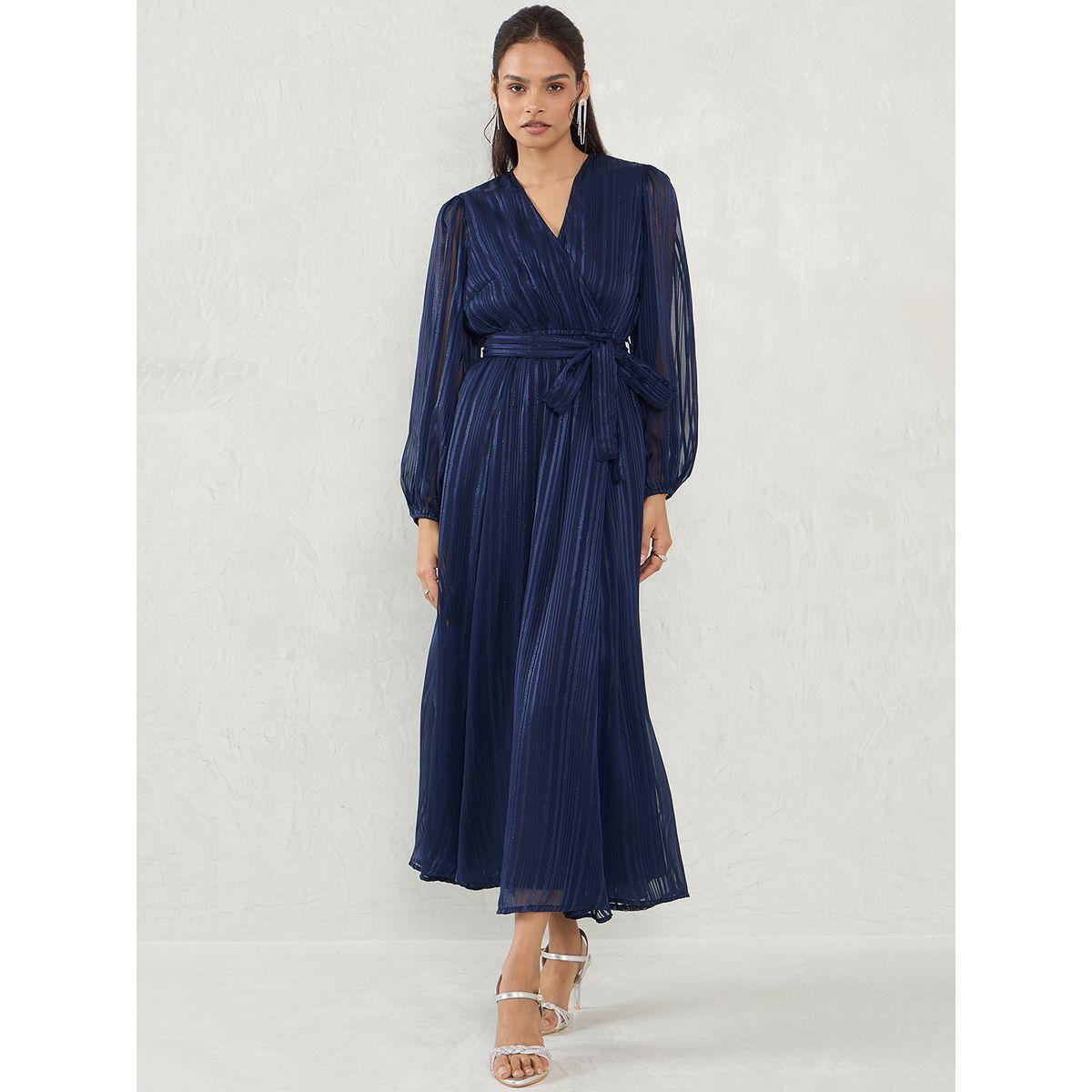 Femmella Navy Blue Lurex Wrap Look A-Line Maxi Dress with Tie Detail-women-clothing-dresses-image-1