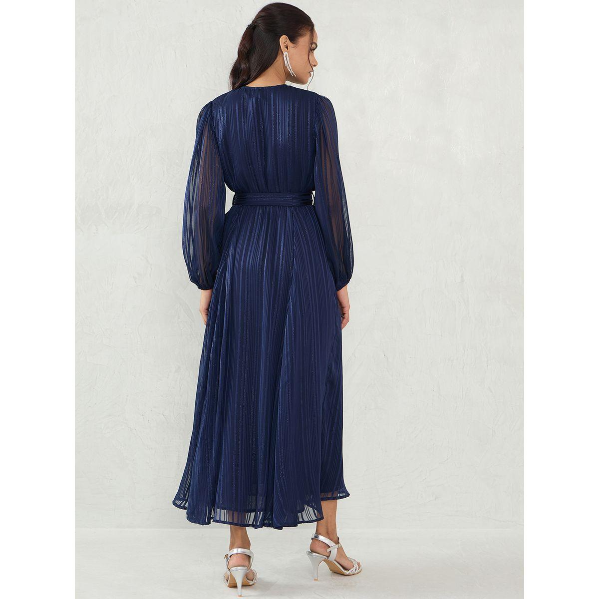 Femmella Navy Blue Lurex Wrap Look A-Line Maxi Dress with Tie Detail-women-clothing-dresses-image-2