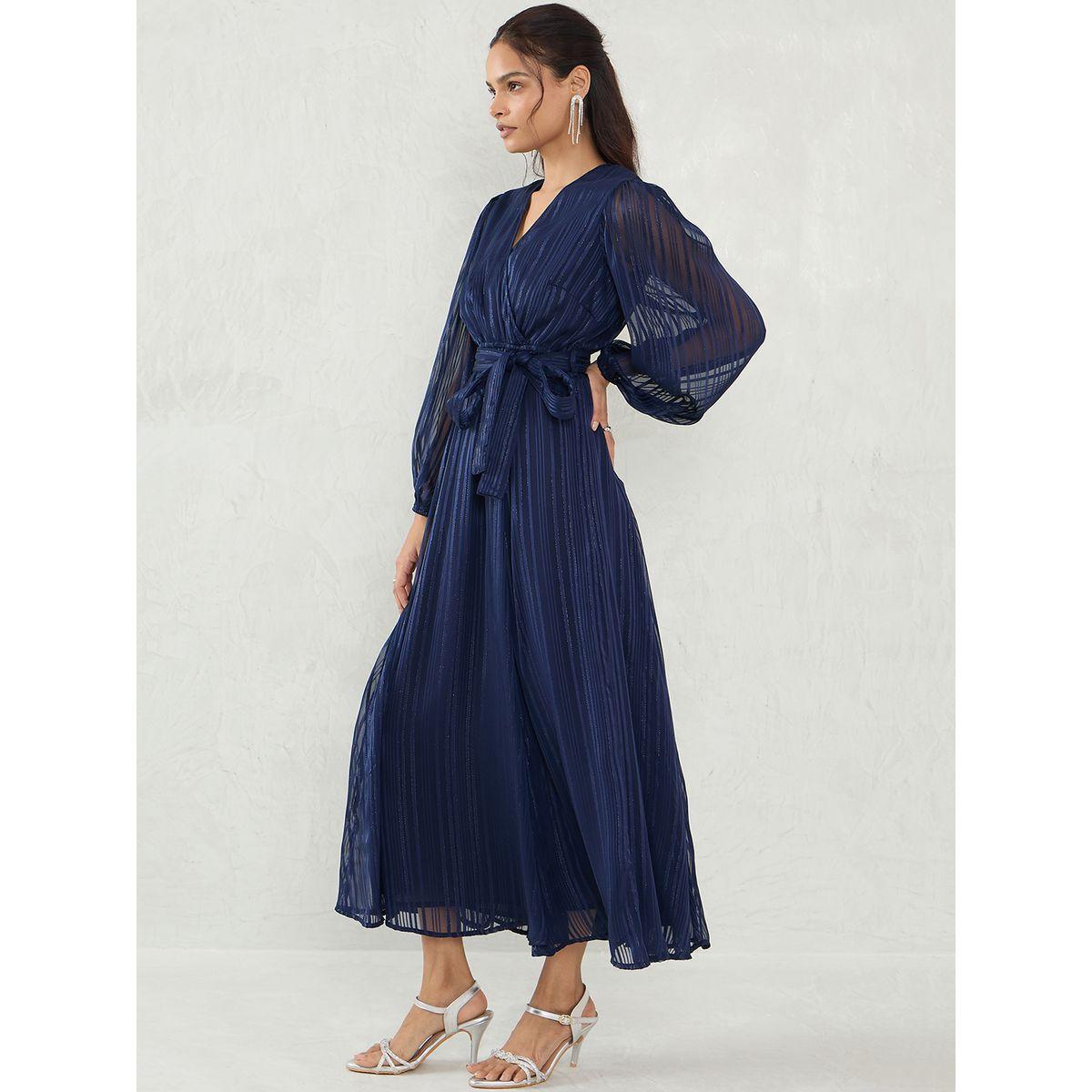 Femmella Navy Blue Lurex Wrap Look A-Line Maxi Dress with Tie Detail-women-clothing-dresses-image-3