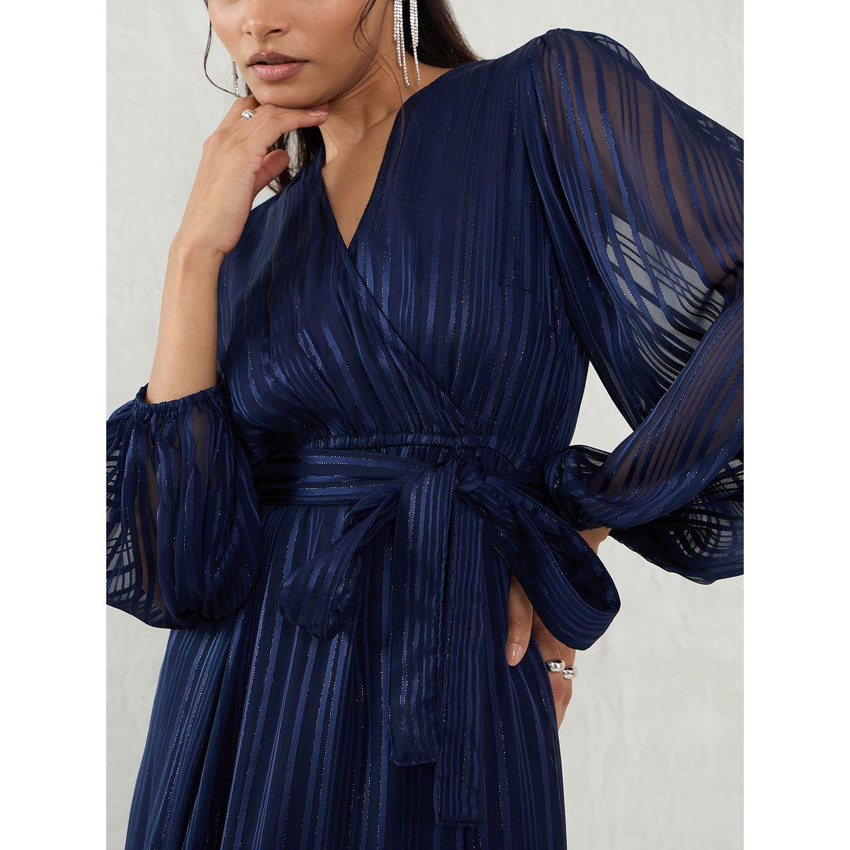 Femmella Navy Blue Lurex Wrap Look A-Line Maxi Dress with Tie Detail-women-clothing-dresses-image-4